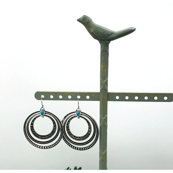 Bohemian Vintage-Style Silver-Tone Hoop Earrings With Blue Stone Accents  by Pre - Picture 3 of 6